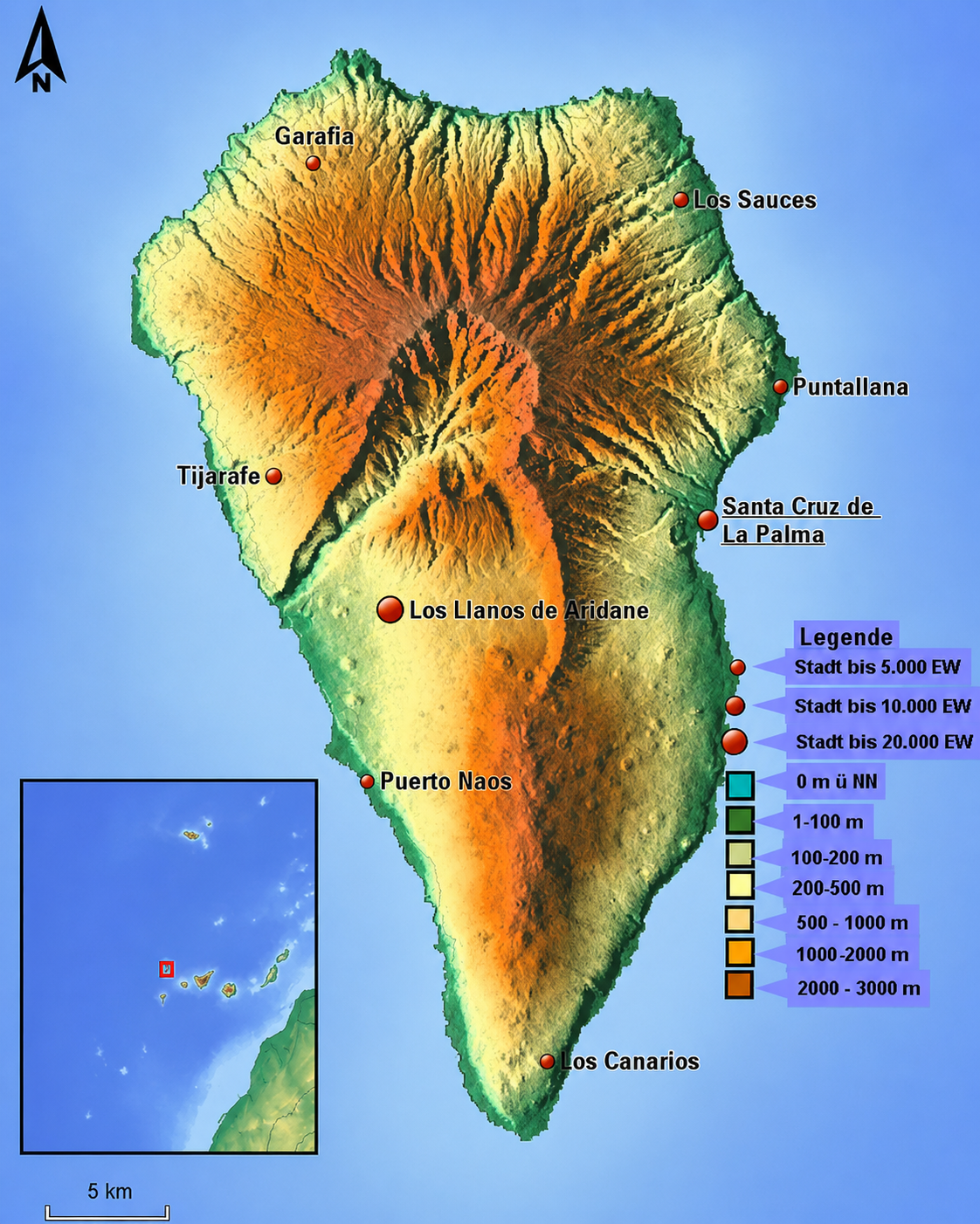 Topografische Karte von La Palma (Kanarische Inseln) mit Ortsnamen, Höhenfarbskala und Legende